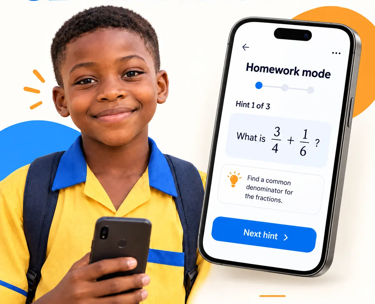 A smiling boy holds up a phone beside a homework screen that says "Hint 1 of 3".