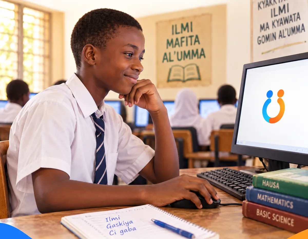 A secondary school pupil in a white shirt and tie smiles at a computer showing the Aboki logo.