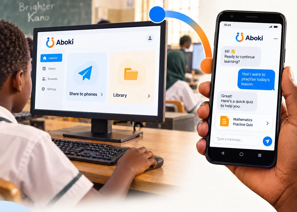 A hand holds a phone with Aboki open beside a school computer, showing a lesson moving from computer to phone.