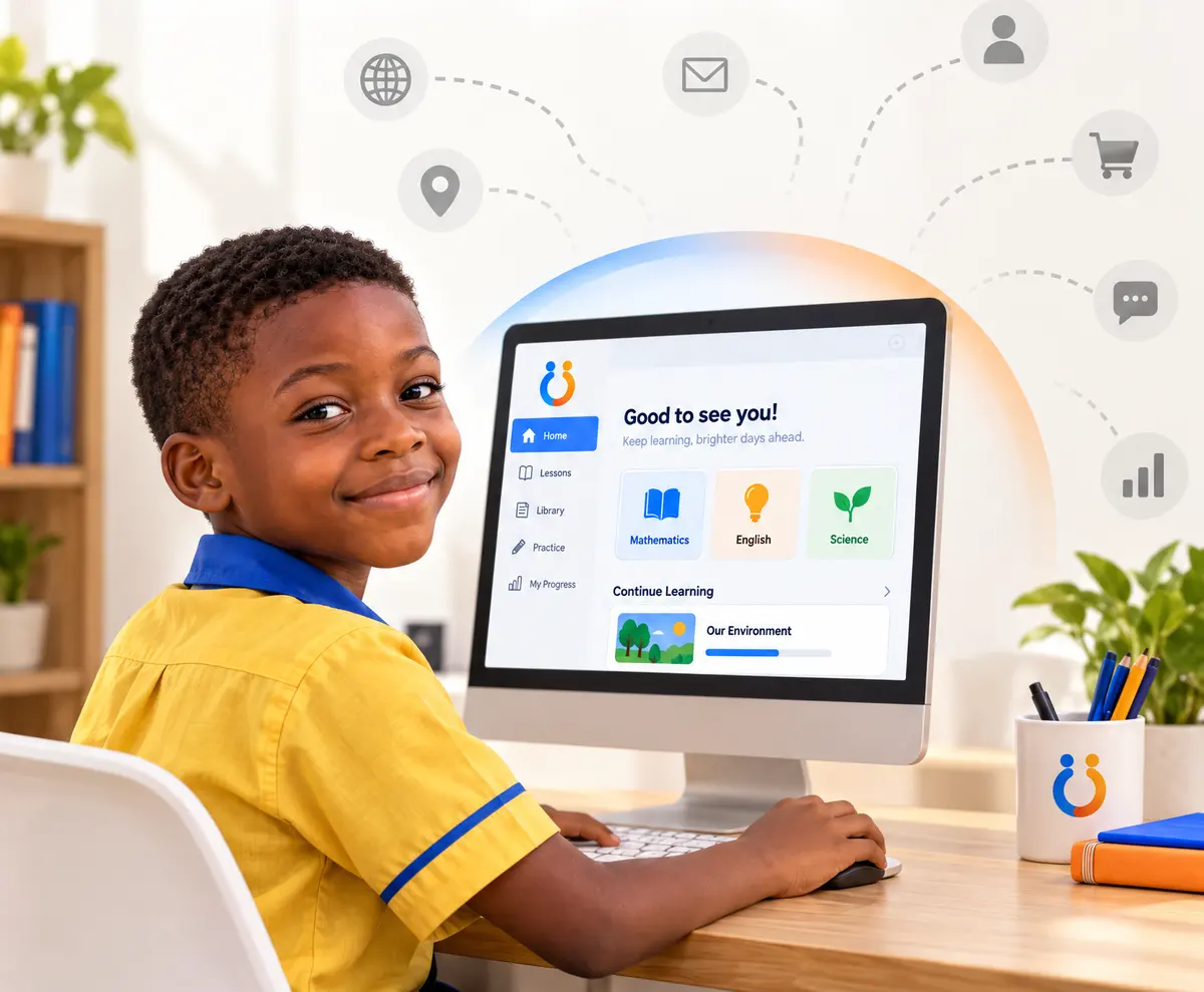 A boy smiles at a computer showing an Aboki learning screen.
