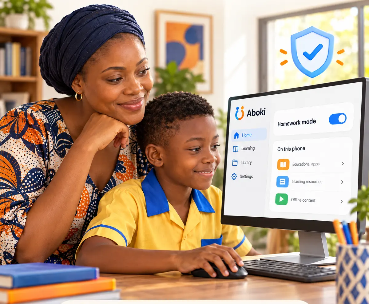 A mother and her son sit together at a computer with homework mode switched on.
