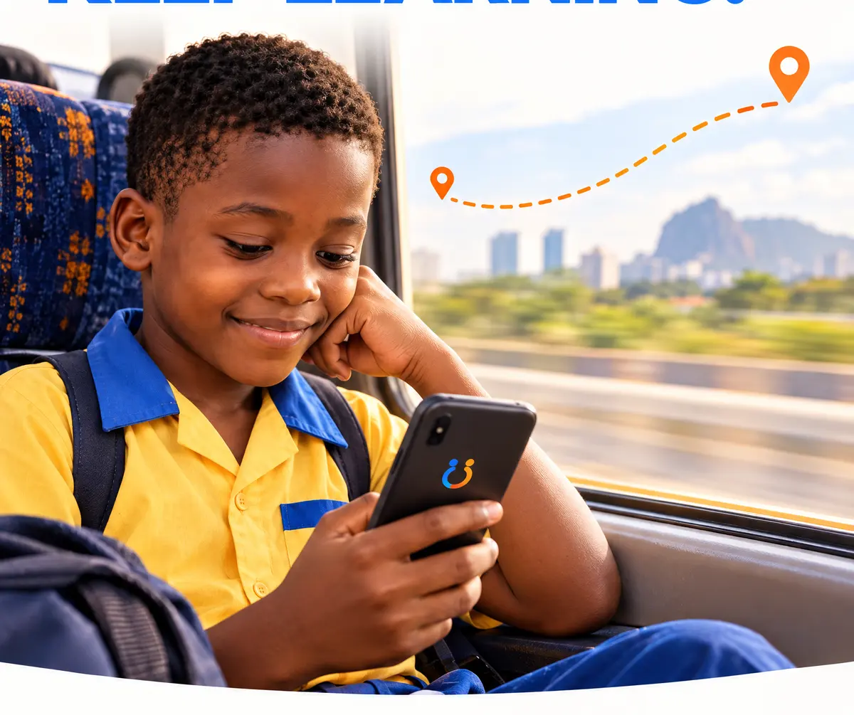 A boy on a bus rests his head on his hand and reads Aboki on a phone as the city passes by.