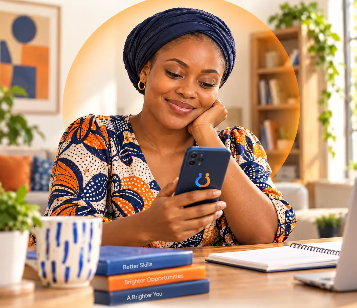 A woman in a head wrap smiles at her phone at a desk at home.